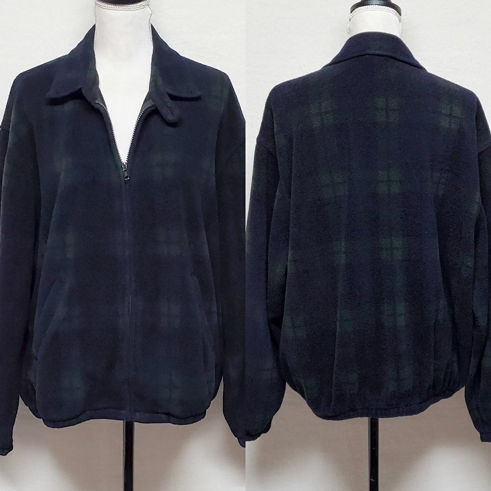 VINTAGE 1990s Chance Washburn Expeditions Green Black Watch Plaid Fleece Jacket